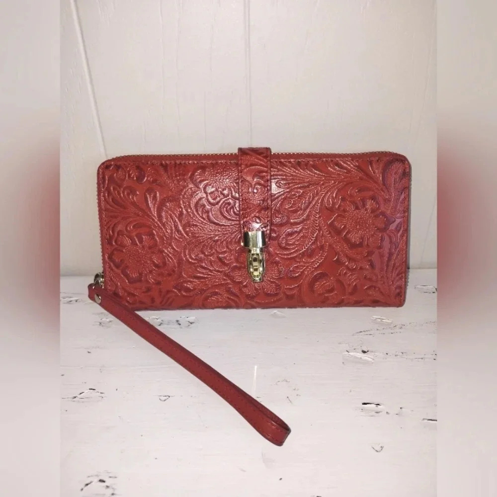 Tooled Leather Zip Around Wristlet Wallet Red Floral Turnlock Accordion Clutch